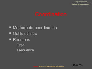 JAM 24
© Jean-Antoine Moreau
copying and reproduction prohibited
Managing my copyright ADAGP.
Contact http://www.jean-antoine-moreau.fr.nf
Coordination
 Mode(s) de coordination
 Outils utilisés
 Réunions
 Type
 Fréquence
 