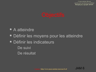JAM 6
© Jean-Antoine Moreau
copying and reproduction prohibited
Managing my copyright ADAGP.
Contact http://www.jean-antoine-moreau.fr.nf
Objectifs
 A atteindre
 Définir les moyens pour les atteindre
 Définir les indicateurs
 De suivi
 De résultat
 