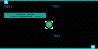 Write the right linking words to make the paragraph meaningful.
For instance First of all
To sum up In my point of view Such as
Festivals, carnivals and celebrations show costumes and
culture. ____________________, there are two main reasons
to argue this idea. _____________, festivities give an identity
to people. Moreover, each town in Colombia has a
commemoration where people expose how and what they
dance, eat, drink and figure out their world.
________________, religion is one of the most popular
institutions that has more holydays; ______________ holy
week, Christmas, the saint´s day and so on.
_______________, our faith, costumes and culture are set up
by performances, behaviors and manners of living that are
presented in wide-ranging kind of festivals.
TASK 3
Put in order the next sentences.
• Was /I / getting bored / when /rang/ the last week/ the
phone /.
• Share / and /show /each other /they /did / their joy/?
• Go to/ beaches/ did / you / near/ some/?
• Can /my /I /leave/ all /stuff /here/?
• I /say /it /one /of / the /have /experiences /was /most
/unforgettable /ever /I / had /could.
TASK 4
Write your participation in the social forum. Please follow the
instructions carefully and use ONLY English. To get to the forum,
go to the Forums area in the program menu.
TASK 5
22
23
 