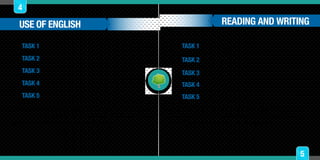 READING AND WRITING
TASK 1
TASK 2
TASK 3
TASK 4
TASK 5
TASK 1
TASK 2
TASK 3
TASK 4
TASK 5
4
5
Al terminar sus actividades de Use of English, por favor tome
una captura de pantalla de su resultado y adjúntelo como
punto 1. del taller de la semana de diagnóstico.
Al terminar sus actividades de reading and writing, por favor
tome una captura de pantalla de su resultado y adjúntelo como
punto 2. del taller de la semana de diagnóstico.
USE OF ENGLISH
 