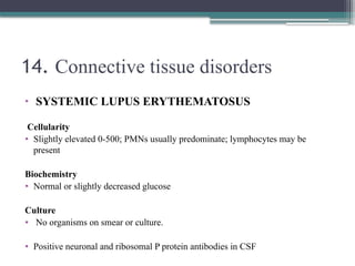 14. Connective tissue disorders
• SYSTEMIC LUPUS ERYTHEMATOSUS
Cellularity
• Slightly elevated 0-500; PMNs usually predominate; lymphocytes may be
present
Biochemistry
• Normal or slightly decreased glucose
Culture
• No organisms on smear or culture.
• Positive neuronal and ribosomal P protein antibodies in CSF
 