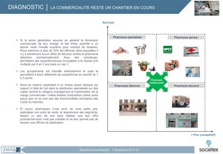 DIAGNOSTIC │ LA COMMERCIALITE RESTE UN CHANTIER EN COURS
Services

 Si la jeune génération assume en général la dimension
commerciale de leur charge, le fait d’être assimilé à un
épicier reste l’insulte suprême pour nombre de titulaires.
Nous estimons à plus de 33% les officines dans lesquelles il
n’y a strictement aucun effort de fait pour rendre la pharmacie
attractive
commercialement.
Avec
des
caricatures,
permettant des surperformances incroyables à la reprise (CA
multiplié par 6 en 2 ans dans un cas !)

Pharmacie spécialisée

 Les groupements ont travaillé sérieusement le sujet et
permettent à leurs adhérents de surperformer le marché de 1
à 3 points.
 Nous en restons cependant à un niveau assez basique par
rapport à l’état de l’art dans la distribution spécialisée sur des
sujets comme le category management et l’optimisation de la
marge commerciale / mètre linéaire d’exposition (entre autre
parce que ce ne sont pas des fonctionnalités prioritaires des
LGOs du marché)

Pharmacie service

Pharmacie
traditionnelle

Pharmacie dilemme

Pharmacie discount

 Et aucun pharmacien n’ose avoir de vrais partis pris,
spécialiser son point de vente, et abandonner des segments,
faisant un peu de tout sans réaliser que leur offre
produits/services n’est pas crédible et ne leur permet pas de
devenir une officine de destination

+ Prix (compétitif)

Strictement confidentiel

│ Novembre 2013 │9

 