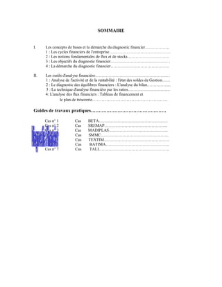 SOMMAIRE


I.    Les concepts de bases et la démarche du diagnostic financier………………
      1 : Les cycles financiers de l'entreprise………………………………………
      2 : Les notions fondamentales de flux et de stocks……………………….…
      3 : Les objectifs du diagnostic financier…………………………………… .
      4 : La démarche du diagnostic financier…………………………………….

II.   Les outils d'analyse financière……………………………………………... .
      1 : Analyse de l'activité et de la rentabilité : l'état des soldes de Gestion……
      2 : Le diagnostic des équilibres financiers : L'analyse du bilan……………...
      3 : La technique d'analyse financière par les ratios………………………….
      4: L'analyse des flux financiers : Tableau de financement et
               le plan de trésorerie…………………………………………

Guides de travaux pratiques

      Cas n° 1          Cas     BETA……………………………………………
      Cas n° 2          Cas     SREMAP………………………………………..
      Cas n° 3          Cas     MADIPLAS……………………………………..
      Cas n° 4          Cas     SMMC…………………………………………..
      Cas n° 5          Cas     TEXTIM…………………………………………
      Cas n° 6          Cas      BATIMA………………………………………..
      Cas n° 7          Cas      TALI…………………………………………….
 