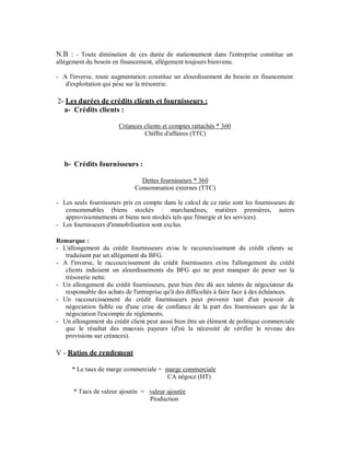 N.B : - Toute diminution de ces durée de stationnement dans l'entreprise constitue un
allégement du besoin en financement, allégement toujours bienvenu.

- A l'inverse, toute augmentation constitue un alourdissement du besoin en financement
   d'exploitation qui pèse sur la trésorerie.

2- Les durées de crédits clients et fournisseurs :
  a- Crédits clients :

                        Créances clients et comptes rattachés * 360
                                 Chiffre d'affaires (TTC)



   b- Crédits fournisseurs :

                                Dettes fournisseurs * 360
                              Consommation externes (TTC)

- Les seuls fournisseurs pris en compte dans le calcul de ce ratio sont les fournisseurs de
   consommables (biens stockés : marchandises, matières premières, autres
   approvisionnements et biens non stockés tels que l'énergie et les services).
- Les fournisseurs d'immobilisation sont exclus.

Remarque :
- L'allongement du crédit fournisseurs et/ou le raccourcissement du crédit clients se
   traduisent par un allégement du BFG.
- A l'inverse, le raccourcissement du crédit fournisseurs et/ou l'allongement du crédit
   clients induisent un alourdissements du BFG qui ne peut manquer de peser sur la
   trésorerie nette.
- Un allongement du crédit fournisseurs, peut bien être dû aux talents de négociateur du
   responsable des achats de l'entreprise qu'à des difficultés à faire face à des échéances.
- Un raccourcissement du crédit fournisseurs peut provenir tant d'un pouvoir de
   négociation faible ou d'une crise de confiance de la part des fournisseurs que de la
   négociation l'escompte de règlements.
- Un allongement du crédit client peut aussi bien être un élément de politique commerciale
   que le résultat des mauvais payeurs (d'où la nécessité de vérifier le niveau des
   provisions sur créances).

V - Ratios de rendement

      * Le taux de marge commerciale = marge commerciale
                                       CA négoce (HT)

      * Taux de valeur ajoutée = valeur ajoutée
                                 Production
 