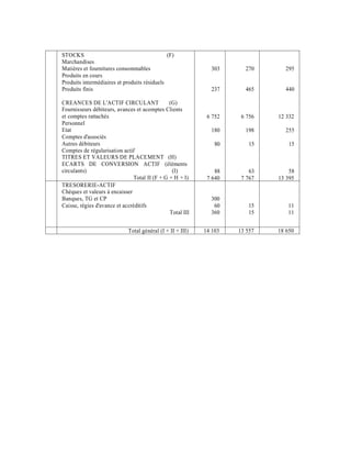 STOCKS                                        (F)
Marchandises
Matières et fournitures consommables                          303      270      295
Produits en cours
Produits intermédiaires et produits résiduels
Produits finis                                                237      465      440

CREANCES DE L'ACTIF CIRCULANT                  (G)
Fournisseurs débiteurs, avances et acomptes Clients
et comptes rattachés                                         6 752    6 756   12 332
Personnel
Etat                                                          180      198      255
Comptes d'associés
Autres débiteurs                                                80       15       15
Comptes de régularisation actif
TITRES ET VALEURS DE PLACEMENT (H)
ECARTS DE CONVERSION ACTIF (éléments
circulants)                                     (I)             88       63       58
                               Total II (F + G + H + I)      7 640    7 767   13 395
TRESORERIE-ACTIF
Chèques et valeurs à encaisser
Banques, TG et CP                                             300
Caisse, régies d'avance et accréditifs                         60       15       11
                                               Total III      360       15       11


                             Total général (I + II + III)   14 103   13 557   18 650
 
