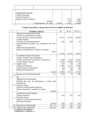 TRESORERIE-PASSIF
     Crédits d'escompte
     Crédit de trésorerie
     Banques (soldes créditeurs)                                             -          1 707      3 686
                                                     Total III                          1 707      3 686
                                   Total général (I + II + III)         14 103         13 557     18 650

               Compte de produits et charges (hors taxes) (en milliers de dirhams)

                         Produits et charges                                N          N+1        N+2
      PRODUITS D'EXPLOITATION
      Ventes de marchandises (en l'état)
      Ventes de biens et services produits                                 38 316       41 919    48 961
      Chiffre d'affaires
      Variation de stocks de produits(a)                                    - 186          228      - 25
 I    Immobilisations produites par l'entreprise pour elle-
      même
      Subventions d'exploitation
      Reprises d'exploitation ; transferts de charges
                                                      Total I
                                                                           38 130       42 147    48 936
      CHARGES D'EXPLOITATION
      Achats revendus(b) de marchandises
      Achats consommés(b) de matières et fournitures                        6 300        9 012    10 701
      Autres charges externes                                              18 255       16 845    18 792
II    Impôts et taxe                                                          245          378       654
      Charges de personnel                                                 11 001       14 412    15 858
      Autres charges d'exploitation                                           349        1 136       594
      Dotations d'exploitation                                                515          328       531
                                                             Total II      36 665       42 111    47 130
                                                                            1 465           36     1 806
III RESULTAT D'EXPLOITATION                                     (I –
    II)
    PRODUITS FINANCIERS
    Produits des titres de participation et autres titres
    immobilisés
IV Gains de change
    Intérêts et autres produits financiers
    Reprise financières ; transferts et charges
                                                 Total IV
    CHARGES FINANCIERES
    Charges d'intérêts                                                           616       756      261
    Pertes de change
 V
    Intérêts et autres produit financiers
    Dotations financière
                                                  Total V                     616           756      261
VI RESULTAT FINANCIER                           (IV – V)                    - 616         - 756    - 261
VII RESULTAT COURANT                            (III+VI)                      849         - 720    1 545
 a) Capital personnel débiteur
 b) Bénéficiaire (+), déficitaire (-)
 