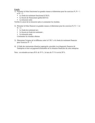 T AF:
1) Présenter le bilan fonctionnel en grandes masses et déterminer pour les exercices N, N + 1
   et N + 2 :
       Le fonds de roulement fonctionnel (F.R.F)
       Le besoin de financement global (B.F.G)
       La trésorerie nette
Vérifier le calcul de la trésorerie nette et commenter les résultats.

2) Présenter le bilan financier en grandes masses et déterminer pour les exercices N, N + 1 et
   N+2:
      Le fonds de roulement net ;
      Le besoin en fonds de roulement ;
      La trésorerie nette
   Commenter les résultats obtenus

3) Déterminer l'origine de la différence entre le F.R.F. et le fonds de roulement financier
   pour l'exercice N + 2

4) A l'aide des instruments d'analyse appropriés, procéder à un diagnostic financier de
   l'entreprise et tirer un jugement d'ensemble sur la situation financière de cette entreprise.

Note : on retiendra un taux d'I.S. de 35 % ; le taux de T.V.A est de 20 %
 