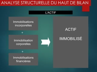 ANALYSE STRUCTURELLE DU HAUT DE BILAN
Immobilisations
financières
Immobilisation
corporelles
Immobilisations
incorporelles
+
+
ACTIF
IMMOBILISÉ
L’ACTIF
 