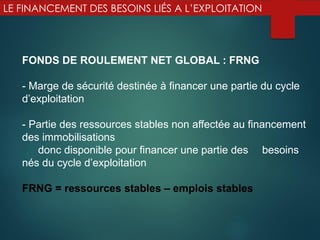 LE FINANCEMENT DES BESOINS LIÉS A L’EXPLOITATION
FONDS DE ROULEMENT NET GLOBAL : FRNG
- Marge de sécurité destinée à financer une partie du cycle
d’exploitation
- Partie des ressources stables non affectée au financement
des immobilisations
donc disponible pour financer une partie des besoins
nés du cycle d’exploitation
FRNG = ressources stables – emplois stables
 