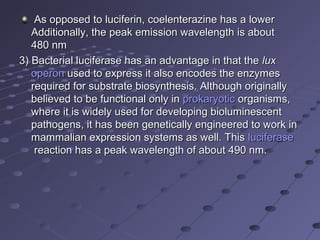   As opposed to luciferin, coelenterazine has a lower As opposed to luciferin, coelenterazine has a lower 
Additionally, the peak emission wavelength is about Additionally, the peak emission wavelength is about 
480 nm480 nm
3) Bacterial luciferase has an advantage in that the 3) Bacterial luciferase has an advantage in that the luxlux    
operonoperon used to express it also encodes the enzymes  used to express it also encodes the enzymes 
required for substrate biosynthesis. Although originally required for substrate biosynthesis. Although originally 
believed to be functional only in believed to be functional only in prokaryoticprokaryotic organisms,  organisms, 
where it is widely used for developing bioluminescent where it is widely used for developing bioluminescent 
pathogens, it has been genetically engineered to work in pathogens, it has been genetically engineered to work in 
mammalian expression systems as well. This mammalian expression systems as well. This luciferaseluciferase
 reaction has a peak wavelength of about 490 nm. reaction has a peak wavelength of about 490 nm.
 