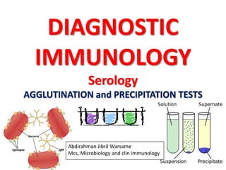 DIAGNOSTIC
IMMUNOLOGY
Serology
AGGLUTINATION and PRECIPITATION TESTS
Abdirahman Jibril Warsame
Mcs, Microbiology and clin immunology
 
