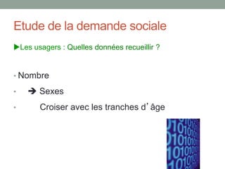 Etude de la demande sociale
Les usagers : Quelles données recueillir ?
• Nombre
•  Sexes
• Croiser avec les tranches d’âge
 