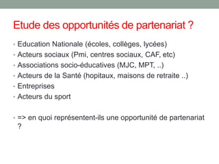 Etude des opportunités de partenariat ?
• Education Nationale (écoles, collèges, lycées)
• Acteurs sociaux (Pmi, centres sociaux, CAF, etc)
• Associations socio-éducatives (MJC, MPT, ..)
• Acteurs de la Santé (hopitaux, maisons de retraite ..)
• Entreprises
• Acteurs du sport
• => en quoi représentent-ils une opportunité de partenariat
?
 