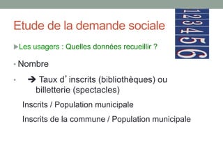 Etude de la demande sociale
Les usagers : Quelles données recueillir ?
• Nombre
•  Taux d’inscrits (bibliothèques) ou
billetterie (spectacles)
Inscrits / Population municipale
Inscrits de la commune / Population municipale
 