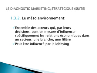 1.3.2. Le méso environnement:

 Ensemble des acteurs qui, par leurs
  décisions, sont en mesure d’influencer
  spécifiquement les relations économiques dans
  un secteur, une branche, une filière
 Peut être influencé par le lobbying
 