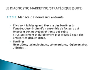 1.2.3.2. Menace de nouveaux entrants

    Elles sont faibles quand il existe des barrières à
     l’entrée, c'est-à-dire d’un ensemble de facteurs qui
     imposent aux nouveaux entrants des coûts
     structurellement et durablement plus élevés à ceux des
     entreprises déjà en place.
    Barrières
     financières, technologiques, commerciales, règlementaires
     , légales…
 