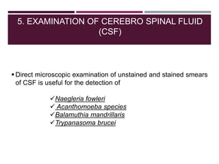 5. EXAMINATION OF CEREBRO SPINAL FLUID
(CSF)
 Direct microscopic examination of unstained and stained smears
of CSF is useful for the detection of
Naegleria fowleri
 Acanthomoeba species
Balamuthia mandrillaris
Trypanasoma brucei
 