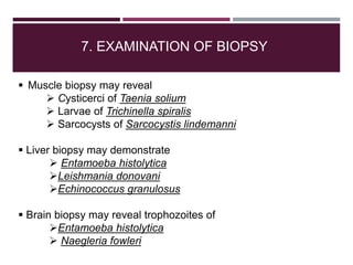 7. EXAMINATION OF BIOPSY
 Muscle biopsy may reveal
 Cysticerci of Taenia solium
 Larvae of Trichinella spiralis
 Sarcocysts of Sarcocystis lindemanni
 Liver biopsy may demonstrate
 Entamoeba histolytica
Leishmania donovani
Echinococcus granulosus
 Brain biopsy may reveal trophozoites of
Entamoeba histolytica
 Naegleria fowleri
 