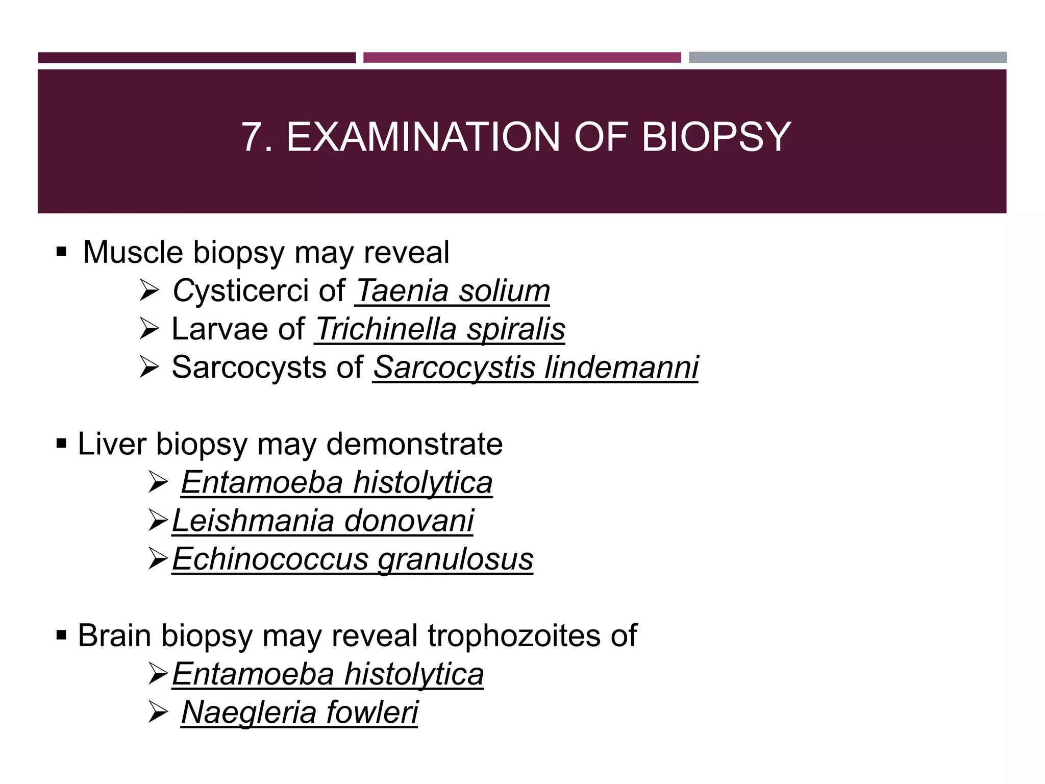 7. EXAMINATION OF BIOPSY
 Muscle biopsy may reveal
 Cysticerci of Taenia solium
 Larvae of Trichinella spiralis
 Sarcocysts of Sarcocystis lindemanni
 Liver biopsy may demonstrate
 Entamoeba histolytica
Leishmania donovani
Echinococcus granulosus
 Brain biopsy may reveal trophozoites of
Entamoeba histolytica
 Naegleria fowleri
 