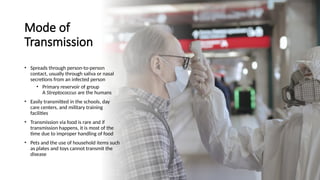 Mode of
Transmission
• Spreads through person-to-person
contact, usually through saliva or nasal
secretions from an infected person
• Primary reservoir of group
A Streptococcus are the humans
• Easily transmitted in the schools, day
care centers, and military training
facilities
• Transmission via food is rare and if
transmission happens, it is most of the
time due to improper handling of food
• Pets and the use of household items such
as plates and toys cannot transmit the
disease
 