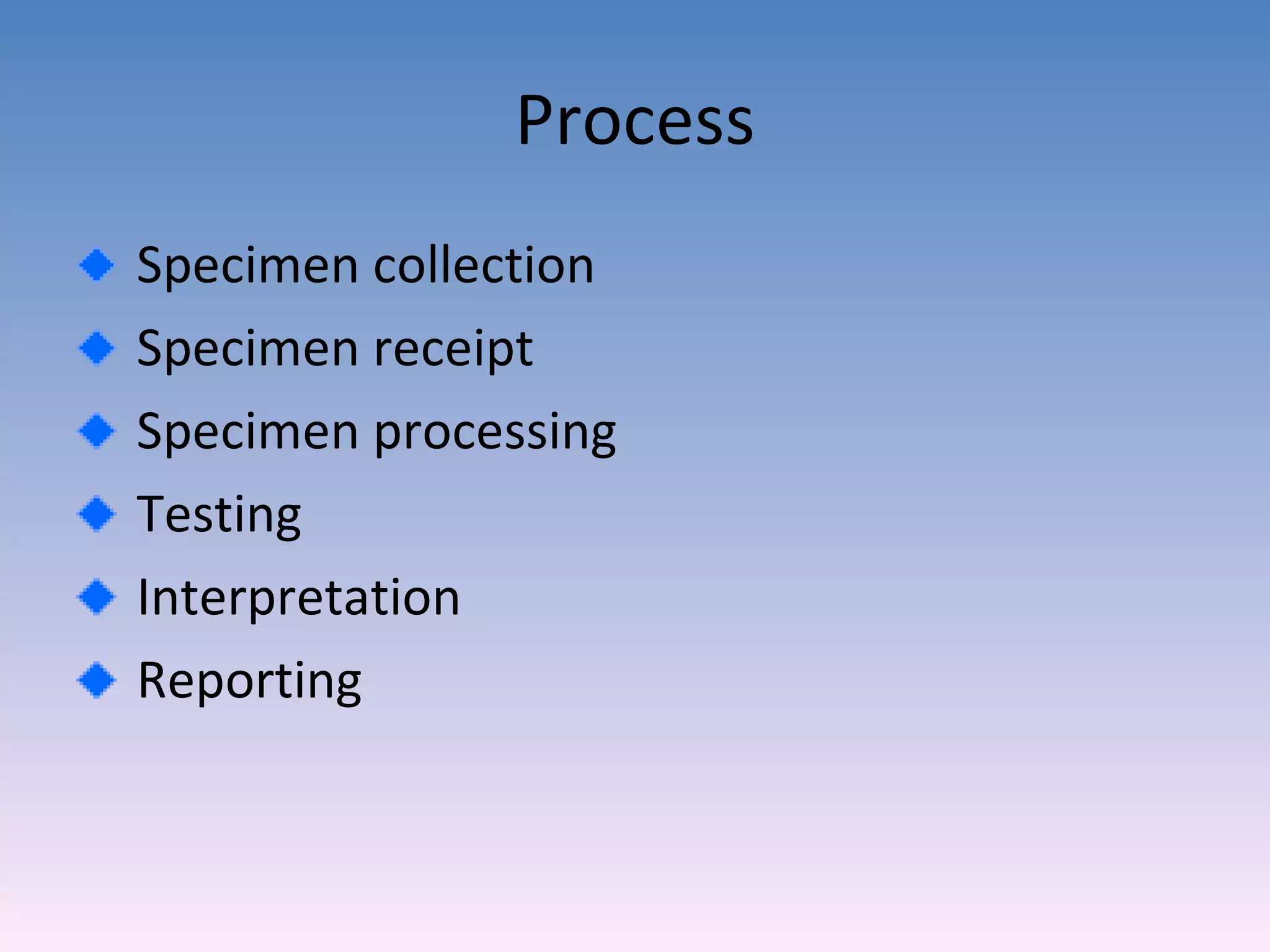 Process Specimen collection Specimen receipt Specimen processing Testing Interpretation Reporting 