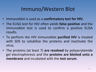 Immuno/Western Blot Immunoblot is used as a  confirmatory test for HIV. The ELISA test for HIV often yields  false positive  and the immunoblot test is used to confirm a positive ELISA results. To perform the HIV immunoblot  purified HIV  is treated with SDS to solubilize the proteins and inactivate the virus. The proteins (at least 7)  are resolved  by polyacrylamide gel electrophoresis and the  proteins are blotted unto a membrane  and incubated with the  test serum . 