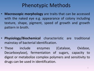 Phenotypic Methods Macroscopic morphology  are traits that can be accessed with the naked eye e.g. appearance of colony including texture, shape, pigment, speed of growth and growth pattern in broth. Physiology/Biochemical  characteristic are traditional mainstay of bacterial identification.  These include enzymes (Catalase, Oxidase, Decarboxylase), fermentation of sugars, capacity to digest or metabolize complex polymers and sensitivity to drugs can be used in identification. 