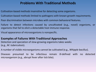 Problems With Traditional Methods Cultivation-based methods insensitive for detecting some organisms. Cultivation-based methods limited to pathogens with known growth requirements. Poor discrimination between microbes with common behavioral features. Failure to detect infections caused by uncultivated (e.g., novel) organisms, or organisms that fail to elicit a detectable host immune response. Visual appearance of microorganisms is nonspecific. Examples of Failures With Traditional Approaches Detection and speciation of slow-growing organisms takes weeks  (e.g.,  M. tuberculosis ). A number of visible microorganisms cannot be cultivated (e.g.,  Whipple bacillus ). Diseases presumed to be infectious remain ill-defined with no detected microorganism (e.g., abrupt fever after tick bite). 