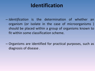 Identification  Identification  is the determination of whether an organism (or isolate in the case of microorganisms ) should be placed within a group of organisms known to fit within some classification scheme.  Organisms are identified for practical purposes, such as diagnosis of disease .  