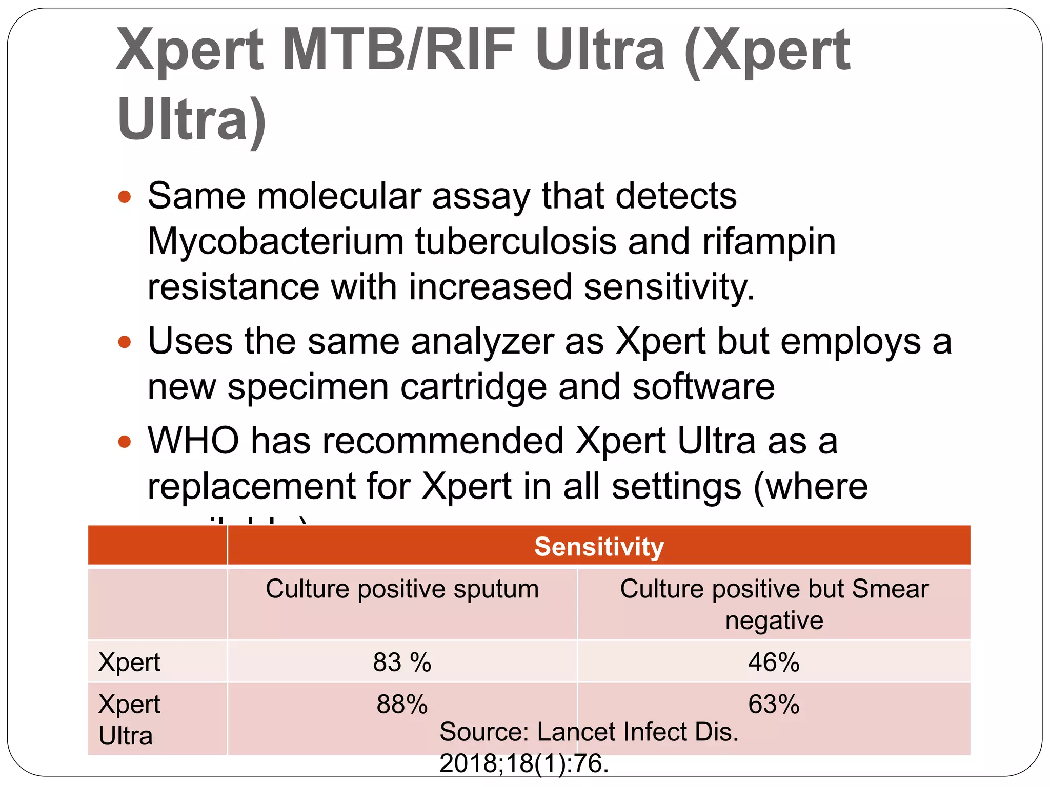 Xpert MTB/RIF Ultra (Xpert
Ultra)
 Same molecular assay that detects
Mycobacterium tuberculosis and rifampin
resistance with increased sensitivity.
 Uses the same analyzer as Xpert but employs a
new specimen cartridge and software
 WHO has recommended Xpert Ultra as a
replacement for Xpert in all settings (where
available) Sensitivity
Culture positive sputum Culture positive but Smear
negative
Xpert 83 % 46%
Xpert
Ultra
88% 63%
Source: Lancet Infect Dis.
2018;18(1):76.
 