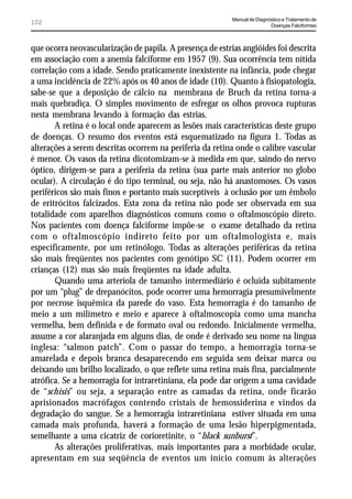 Manual de Diagnóstico e Tratamento de
102                                                                        Doenças Falciformes



que ocorra neovascularização de papila. A presença de estrias angióides foi descrita
em associação com a anemia falciforme em 1957 (9). Sua ocorrência tem nítida
correlação com a idade. Sendo praticamente inexistente na infância, pode chegar
a uma incidência de 22% após os 40 anos de idade (10). Quanto à fisiopatologia,
sabe-se que a deposição de cálcio na membrana de Bruch da retina torna-a
mais quebradiça. O simples movimento de esfregar os olhos provoca rupturas
nesta membrana levando à formação das estrias.
       A retina é o local onde aparecem as lesões mais características deste grupo
de doenças. O resumo dos eventos está esquematizado na figura 1. Todas as
alterações a serem descritas ocorrem na periferia da retina onde o calibre vascular
é menor. Os vasos da retina dicotomizam-se à medida em que, saindo do nervo
óptico, dirigem-se para a periferia da retina (sua parte mais anterior no globo
ocular). A circulação é do tipo terminal, ou seja, não há anastomoses. Os vasos
periféricos são mais finos e portanto mais suceptíveis à oclusão por um êmbolo
de eritrócitos falcizados. Esta zona da retina não pode ser observada em sua
totalidade com aparelhos diagnósticos comuns como o oftalmoscópio direto.
Nos pacientes com doença falciforme impõe-se o exame detalhado da retina
com o oftalmoscópio indireto feito por um oftalmologista e, mais
especificamente, por um retinólogo. Todas as alterações periféricas da retina
são mais freqüentes nos pacientes com genótipo SC (11). Podem ocorrer em
crianças (12) mas são mais freqüentes na idade adulta.
       Quando uma arteríola de tamanho intermediário é ocluída subitamente
por um “plug” de drepanócitos, pode ocorrer uma hemorragia presumivelmente
por necrose isquêmica da parede do vaso. Esta hemorragia é do tamanho de
meio a um milímetro e meio e aparece à oftalmoscopia como uma mancha
vermelha, bem definida e de formato oval ou redondo. Inicialmente vermelha,
assume a cor alaranjada em alguns dias, de onde é derivado seu nome na língua
inglesa: “salmon patch”. Com o passar do tempo, a hemorragia torna-se
amarelada e depois branca desaparecendo em seguida sem deixar marca ou
deixando um brilho localizado, o que reflete uma retina mais fina, parcialmente
atrófica. Se a hemorragia for intraretiniana, ela pode dar orígem a uma cavidade
de “schisis” ou seja, a separação entre as camadas da retina, onde ficarão
aprisionados macrófagos contendo cristais de hemossiderina e vindos da
degradação do sangue. Se a hemorragia intraretiniana estiver situada em uma
camada mais profunda, haverá a formação de uma lesão hiperpigmentada,
semelhante a uma cicatriz de corioretinite, o “black sunburst”.
       As alterações proliferativas, mais importantes para a morbidade ocular,
apresentam em sua seqüência de eventos um início comum às alterações
 
