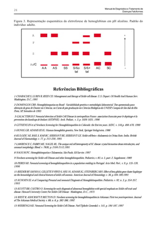 Manual de Diagnóstico e Tratamento de
26                                                                                                             Doenças Falciformes



Figura 3. Representação esquemática da eletroforese de hemoglobinas em pH alcalino. Padrão do
indivíduo adulto.


                   A                                                                                               +

                   F


                   S


                 A 2/C
                             AA         AS          SS        S/ßo       S/ß+         AC         SC                 -
                                                               tal        tal




                                         Referências Bibliográficas
1-CHARACHE S, LUBIN B, REID CD. Management and therapy of Sickle cell disease. U.S. Depart. Of Health And Human Serv.
Washington, D.C.,1991

2-DOMINGOS CRB. Hemoglobinopatias no Brasil - Variabilidade genética e metodologia laboratorial. Tese apresentada para
obtenção do grau de Doutor em Ciências, no Curso de pós-graduação em Ciências Biológicas da UNESP, Campus de São José do Rio
Preto, SP, Setembro de 1993

3-GALACTEROS F. Neonatal detection of Sickle Cell Disease in metropolitan France. association francaise pour le depistage et la
prevention des handcaps de lénfant (AFDPHE). Arch. Pediatr., v. 3, p. 1026-1031, 1996

4-GITHENS JH et al Newborn Screening for Hemoglobinopathies in Colorado: the first ten years. AJDC, v. 144,p. 466-470, 1990

5-HONIG GR, ADAMS III JG. Human hemoglobin genetics, New York, Springer Verlag/wien, 1986

6-KULOZIC AE, BAIL S, KAR BC, SERJEANT BE, SERJEANT GE. Sickle cell/beta+ thalassemia in Orissa State, India. British
Journal of Haematology, v. 77, p. 215-220, 1991

7-LAWRENCE C, FABRY ME, NAGEL RL. The unique red cell heterogeneity of SC disease: crystal formation dense reticulocytes, and
unusual morphology. Blood, v. 78(8), p. 2104-2112,1991

8-NAOUM PC. Hemoglobinopatias e Talassemias. São Paulo, Ed Sarvier, 1997

9-Newborn screening for Sickle cell Disease and other hemoglobinopathies. Pediatrics, v. 83, n. 5, part. 2, Supplement, 1989

10-PERES MJ. Neonatal screening of hemoglobinopathies in a population residing in Portugal. Acta Med. Port., v. 9, p. 135-139,
1996

11-RIEDER RF, SAFAYA S, GILLETE P, FRYD S, HSU H, ADAMS JG, STEINBERG MH. Effect of beta globin gene cluster haplotype
on the hematological and clinical features of sickle cell anemia. American Journal of Hematology, v. 36, p.184-189,1991

12-SCHOEN EJ, et al Comparing Prenatal and neonatal Diagnosis of Hemoglobinopathies. Pediatrics, v. 92, n. 3, p. 354-357,
1993

13-SCOTT RB, CASTRO O. Screening for early diagnosis of abnormal hemoglobins with special emphasis on Sickle cell trait and
disease. Howard University Center For Sickle Cell Disease - Washington, D.C., 1975

14-WEST R, ASHCRAFT P, BECTON D. Newborn screening for hemoglobinopathies in Arkansas: First two years’experience. Journal
of The Arkansas Medical Society, v. 88, n. 8, p. 382-386, 1992

15-WIERENGA KJ. Neonatal Screening for Sickle Cell Disease. Ned Tijdschr Geneeskd, v. 141, p. 184-187, 1997
 