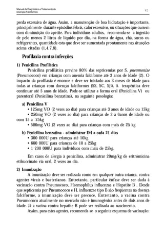 Manual de Diagnóstico e Tratamento de
Doenças Falciformes
                                                                              45


perda excessiva de água. Assim, a manutenção de boa hidratação é importante,
principalmente durante episódios febris, calor excessivo, ou situações que cursem
com diminuição do apetite. Para indivíduos adultos, recomenda-se a ingestão
de pelo menos 2 litros de líquido por dia, na forma de água, chá, sucos ou
refrigerantes, quantidade esta que deve ser aumentada prontamente nas situações
acima citadas (1,4,7,8).
     Profilaxia contra infecções
1) Penicilina Profilática
      Penicilina profilática previne 80% das septicemias por S. pneumoniae
(Pneumococo) em crianças com anemia falciforme até 3 anos de idade (2). O
impacto da profilaxia é enorme e deve ser iniciado aos 3 meses de idade para
todas as crianças com doenças falciformes (SS, SC, SE). A terapêutica deve
continuar até 5 anos de idade. Pode-se utilizar a forma oral (Penicilina V) ou
parenteral (Penicilina benzatina), na seguinte posologia:
   a) Penicilina V
      • 125mg VO (2 vezes ao dia) para crianças até 3 anos de idade ou 15kg
      • 250mg VO (2 vezes ao dia) para crianças de 3 a 6anos de idade ou
com 15 a 25kg
      • 500mg VO (2 vezes ao dia) para crianças com mais de 25 kg
     b) Penicilina benzatina - administrar IM a cada 21 dias
        • 300 000U para crianças até 10kg
        • 600 000U para crianças de 10 a 25kg
        • 1 200 000U para indivíduos com mais de 25kg.
       Em casos de alergia à penicilina, administrar 20mg/kg de eritromicina
etilsuccinato via oral, 2 vezes ao dia.
2) Imunização
       A imunização deve ser realizada como em qualquer outra criança, contra
agentes virais e bacterianos. Entretanto, particular ênfase deve ser dada à
vacinação contra Pneumococo, Haemophilus influenzae e Hepatite B . Desde
que septicemia por Pneumococo e H. influenzae tipo B são freqüentes na doença
falciforme, a imunização deve ser precoce. Entretanto, a vacina contra
Pneumococo atualmente no mercado não é imunogênica antes de dois anos de
idade. Já a vacina contra hepatite B pode ser realizada ao nascimento.
       Assim, para estes agentes, recomenda-se o seguinte esquema de vacinação:
 