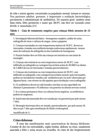 Manual de Diagnóstico e Tratamento de
Doenças Falciformes
                                                                                        65


de vida e outros agentes, encontrados na população normal, tornam-se comuns.
Nos pacientes adultos, portanto, é importante a avaliação bacteriológica
previamente à administração de antibióticos. De maneira geral, também nesta
faixa etária, febre persistente e maior que 38,9oC não deve ser encarada como
devido à vasooclusão.(11)
Tabela 1 - Guia de tratamento empírico para crianças febris menores de 12
anos
     1. Investigação laboratorial básica - hemograma completo, análise de urina,
     radiografia de tórax e culturas de sangue, urina e garganta;
     2. Crianças toxemiadas ou com temperaturas maiores de 39,9oC, devem ser
     internadas e tratadas com antibioticoterapia endovenosa rapidamente, mesmo
     antes da realização da radiografia ou dos resultados do hemograma;
     3. Punção lombar deve ser feita nas crianças em toxemia ou com sinais de
     meningite;
     4. Crianças não toxêmicas ou com temperatura menor de 39,9oC, com
     infiltrado na radiografia ou contagem leucocitária acima de 30.000/l ou abaixo
     de 5.000/l devem ser internadas e tratadas parenteralmente;
     5. Crianças não toxêmicas ou com temperatura menor de 39,9oC, sem
     infiltrado na radiografia, com contagem leucocitária normal e pais interessados,
     podem ser inicialmente tratadas com antibióticos por via oral e observadas por
     algumas horas, com retorno no dia seguinte para reavaliação e nova radiografia;
     6. Os antibióticos devem ser selecionados com base na sua capacidade em
     eliminar S.pneumoniae e H.influenza e em penetrar no sistema nervoso central.
     7. Se a criança permanecer bem e as culturas forem negativas, os antibióticos
     podem ser suspensos;
     8. Septicemia documentada deve ser tratada por via parenteral por pelo menos
     7 dias;
     9. Meningite bacteriana deve ser tratada, parenteralmente, por pelo menos 10
     dias ou por 7 dias após esterilização do fluído cerebrospinal.
     (modificado de 1)


     Crises dolorosas
       É uma das manifestações mais características da doença falciforme.
Consiste de dor em extremidades, região lombar, abdome ou tórax, usualmente
associada a febre e urina escura ou vermelha. As crises de dor freqüentemente
 