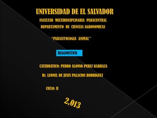UNIVERSIDAD DE EL SALVADOR
FACULTAD MULTIDISCIPLINARIA PARACENTRAL
DEPARTAMENTO DE CIENCIAS AGRONOMICAS

“PARASITOLOGIA ANIMAL”

DIAGNOSTICO

CATEDRATICO: PEDRO ALONSO PEREZ BARRAZA
Br. LEONEL DE JESUS PALACIOS RODRIGUEZ
CICLO: II

 