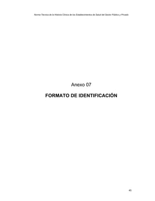 45
Norma Técnica de la Historia Clínica de los Establecimientos de Salud del Sector Público y Privado
Anexo 07
FORMATO DE IDENTIFICACIÓN
 
