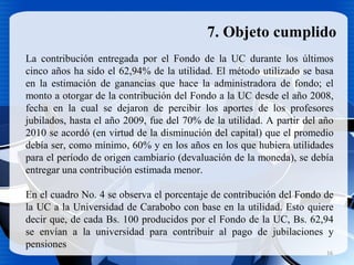 7. Objeto cumplido
La contribución entregada por el Fondo de la UC durante los últimos
cinco años ha sido el 62,94% de la utilidad. El método utilizado se basa
en la estimación de ganancias que hace la administradora de fondo; el
monto a otorgar de la contribución del Fondo a la UC desde el año 2008,
fecha en la cual se dejaron de percibir los aportes de los profesores
jubilados, hasta el año 2009, fue del 70% de la utilidad. A partir del año
2010 se acordó (en virtud de la disminución del capital) que el promedio
debía ser, como mínimo, 60% y en los años en los que hubiera utilidades
para el período de origen cambiario (devaluación de la moneda), se debía
entregar una contribución estimada menor.
En el cuadro No. 4 se observa el porcentaje de contribución del Fondo de
la UC a la Universidad de Carabobo con base en la utilidad. Esto quiere
decir que, de cada Bs. 100 producidos por el Fondo de la UC, Bs. 62,94
se envían a la universidad para contribuir al pago de jubilaciones y
pensiones
16
 