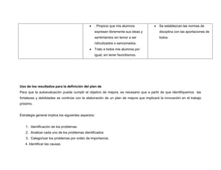  . Propicio que mis alumnos 
expresen libremente sus ideas y 
sentimientos sin temor a ser 
ridiculizados o sancionados. 
 Trato a todos mis alumnos por 
igual, sin tener favoritismos. 
 Se establezcan las normas de 
disciplina con las aportaciones de 
todos. 
Uso de los resultados para la definición del plan de 
Para que la autoevaluación pueda cumplir el objetivo de mejora, es necesario que a partir de que identifiquemos las 
fortalezas y debilidades se continúe con la elaboración de un plan de mejora que implicará la innovación en el trabajo 
próximo. 
Estrategia general implica los siguientes aspectos: 
1. Identificación de los problemas 
2. Analizar cada uno de los problemas identificados 
3. Categorizar los problemas por orden de importancia. 
4. Identificar las causas 
 