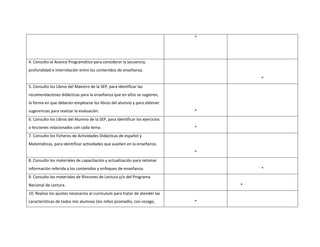 * 
4. Consulto el Avance Programático para considerar la secuencia, 
profundidad e interrelación entre los contenidos de enseñanza. 
* 
5. Consulto los Libros del Maestro de la SEP, para identificar las 
recomendaciones didácticas para la enseñanza que en ellos se sugieren, 
la forma en que deberán emplearse los libros del alumno y para obtener 
sugerencias para realizar la evaluación. 
* 
6. Consulto los Libros del Alumno de la SEP, para identificar los ejercicios 
o lecciones relacionados con cada tema. 
* 
7. Consulto los Ficheros de Actividades Didácticas de español y 
Matemáticas, para identificar actividades que auxilien en la enseñanza. 
* 
8. Consulto los materiales de capacitación y actualización para retomar 
información referida a los contenidos y enfoques de enseñanza. 
* 
9. Consulto los materiales de Rincones de Lectura y/o del Programa 
Nacional de Lectura. 
* 
10. Realizo los ajustes necesarios al currículum para tratar de atender las 
características de todos mis alumnos (los niños promedio, con rezago, 
* 
 