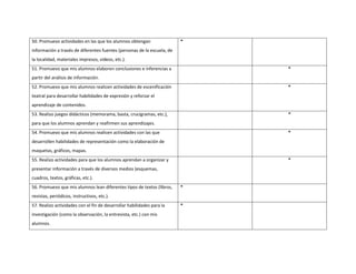 50. Promuevo actividades en las que los alumnos obtengan 
información a través de diferentes fuentes (personas de la escuela, de 
la localidad, materiales impresos, vídeos, etc.). 
* 
51. Promuevo que mis alumnos elaboren conclusiones e inferencias a 
partir del análisis de información. 
* 
52. Promuevo que mis alumnos realicen actividades de escenificación 
teatral para desarrollar habilidades de expresión y reforzar el 
aprendizaje de contenidos. 
* 
53. Realizo juegos didácticos (memorama, basta, crucigramas, etc.), 
para que los alumnos aprendan y reafirmen sus aprendizajes. 
* 
54. Promuevo que mis alumnos realicen actividades con las que 
desarrollen habilidades de representación como la elaboración de 
maquetas, gráficos, mapas. 
* 
55. Realizo actividades para que los alumnos aprendan a organizar y 
presentar información a través de diversos medios (esquemas, 
cuadros, textos, gráficas, etc.). 
* 
56. Promuevo que mis alumnos lean diferentes tipos de textos (libros, 
revistas, periódicos, instructivos, etc.). 
* 
57. Realizo actividades con el fin de desarrollar habilidades para la 
investigación (como la observación, la entrevista, etc.) con mis 
alumnos. 
* 
 