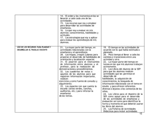12 
14. El orden y los momentos en los se 
llevarán a cabo cada una de las 
actividades. 
15. Los recursos que voy a emplear 
para desarrollar las actividades de 
enseñanza. 
16. Lo que voy a evaluar en mis 
alumnos: conocimientos, habilidades y 
actitudes. 
17. Las estrategias que voy a aplicar 
para evaluar los aprendizajes de mis 
alumnos. 
USO DE LOS RECURSOS PARA PLANEAR Y 
DESARROLLAR EL TRABAJO DOCENTE 
21. La mayor parte del tiempo, en 
actividades relacionadas con la 
enseñanza y el aprendizaje. 
28. Los mapas, croquis y planos para 
propiciar el desarrollo de habilidades de 
orientación y localización espacial. 
31. El pizarrón para el intercambio 
de información entre alumnos y el 
profesor, para la realización de 
demostraciones y procedimientos. 
32. Los cuadernos de notas o 
apuntes de los alumnos para que 
registren información importante, 
realicen 
ejercicios y como fuente de consulta y 
seguimiento. 
33. Los espacios con que cuenta la 
escuela (áreas verdes, canchas, 
auditorios, etc.) para reforzar la 
enseñanza 
de los temas. 
19. El tiempo en las actividades de 
acuerdo con lo que había estimado o 
planeado. 
20. Poco tiempo al llevar a cabo los 
cambios o transiciones entre una 
actividad y otra. 
22. La mayor parte del tiempo en 
tareas en las que mis alumnos trabajan 
activamente. 
23. Los Libros del Alumno de la SEP 
para que los alumnos realicen 
actividades que les permitan el 
desarrollo de 
habilidades, la adquisición de 
conocimientos, la búsqueda de 
información relacionada con el tema en 
estudio y para ofrecer referentes 
diversos o lejanos a los contextos de los 
niños. 
24. Los Libros para el Maestro de la 
SEP como apoyo para el desarrollo 
de las actividades de enseñanza y 
evaluación así como para identificar la 
forma y momento en que deberán usarse 
los libros del alumno. 
25. Los Ficheros de Actividades 
Didácticas para incluir actividades 
 