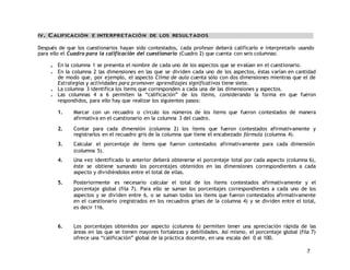 7 
IV. CALIFICACIÓN E INTERPRETACIÓN DE LOS RESULTADOS 
Después de que los cuestionarios hayan sido contestados, cada profesor deberá calificarlo e interpretarlo usando 
para ello el Cuadro para la calificación del cuestionario (Cuadro 2) que cuenta con seis columnas: 
En la columna 1 se presenta el nombre de cada uno de los aspectos que se evalúan en el cuestionario. 
En la columna 2 las dimensiones en las que se dividen cada uno de los aspectos, éstas varían en cantidad 
de modo que, por ejemplo, el aspecto Clima de aula cuenta sólo con dos dimensiones mientras que el de 
Estrategias y actividades para promover aprendizajes significativos tiene siete. 
La columna 3 identifica los ítems que corresponden a cada una de las dimensiones y aspectos. 
Las columnas 4 a 6 permiten la “calificación” de los ítems, considerando la forma en que fueron 
respondidos, para ello hay que realizar los siguientes pasos: 
1. Marcar con un recuadro o círculo los números de los ítems que fueron contestados de manera 
afirmativa en el cuestionario en la columna 3 del cuadro. 
2. Contar para cada dimensión (columna 2) los ítems que fueron contestados afirmativamente y 
registrarlos en el recuadro gris de la columna que tiene el encabezado fórmula (columna 4). 
3. Calcular el porcentaje de ítems que fueron contestados afirmativamente para cada dimensión 
(columna 5). 
4. Una vez identificado lo anterior deberá obtenerse el porcentaje total por cada aspecto (columna 6), 
éste se obtiene sumando los porcentajes obtenidos en las dimensiones correspondientes a cada 
aspecto y dividiéndolos entre el total de ellas. 
5. Posteriormente es necesario calcular el total de los ítems contestados afirmativamente y el 
porcentaje global (fila 7). Para ello se suman los porcentajes correspondientes a cada uno de los 
aspectos y se dividen entre 6, o se suman todos los ítems que fueron contestados afirmativamente 
en el cuestionario (registrados en los recuadros grises de la columna 4) y se dividen entre el total, 
es decir 116. 
6. Los porcentajes obtenidos por aspecto (columna 6) permiten tener una apreciación rápida de las 
áreas en las que se tienen mayores fortalezas y debilidades. Así mismo, el porcentaje global (fila 7) 
ofrece una “calificación” global de la práctica docente, en una escala del 0 al 100. 
 