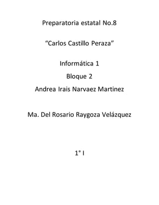 Preparatoria estatal No.8 
“Carlos Castillo Peraza” 
Informática 1 
Bloque 2 
Andrea Irais Narvaez Martinez 
Ma. Del Rosario Raygoza Velázquez 
1° I 
 