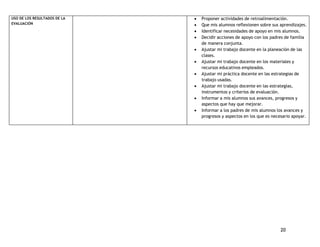20 
USO DE LOS RESULTADOS DE LA 
EVALUACIÓN 
 Proponer actividades de retroalimentación. 
 Que mis alumnos reflexionen sobre sus aprendizajes. 
 Identificar necesidades de apoyo en mis alumnos. 
 Decidir acciones de apoyo con los padres de familia 
de manera conjunta. 
 Ajustar mi trabajo docente en la planeación de las 
clases. 
 Ajustar mi trabajo docente en los materiales y 
recursos educativos empleados. 
 Ajustar mi práctica docente en las estrategias de 
trabajo usadas. 
 Ajustar mi trabajo docente en las estrategias, 
instrumentos y criterios de evaluación. 
 Informar a mis alumnos sus avances, progresos y 
aspectos que hay que mejorar. 
 Informar a los padres de mis alumnos los avances y 
progresos y aspectos en los que es necesario apoyar. 
 
