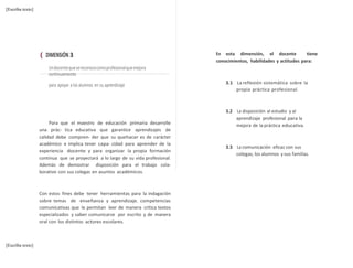 [Escriba texto] 
[Escriba texto] 
{ DIMENSIÓN 3 
Un docente que se reconoce como profesional que mejora 
continuamente 
para apoyar a los alumnos en su aprendizaje 
Para que el maestro de educación primaria desarrolle 
una prác- tica educativa que garantice aprendizajes de 
calidad debe compren- der que su quehacer es de carácter 
académico e implica tener capa- cidad para aprender de la 
experiencia docente y para organizar la propia formación 
continua que se proyectará a lo largo de su vida profesional. 
Además de demostrar disposición para el trabajo cola-borativo 
con sus colegas en asuntos académicos. 
Con estos fines debe tener herramientas para la indagación 
sobre temas de enseñanza y aprendizaje, competencias 
comunicativas que le permitan leer de manera crítica textos 
especializados y saber comunicarse por escrito y de manera 
oral con los distintos actores escolares. 
En esta dimensión, el docente tiene 
conocimientos, habilidades y actitudes para: 
3.1 La reflexión sistemática sobre la 
propia práctica profesional. 
3.2 La disposición al estudio y al 
aprendizaje profesional para la 
mejora de la práctica educativa. 
3.3 La comunicación eficaz con sus 
colegas, los alumnos y sus familias. 
 