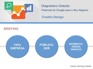Diagnóstico Gratuito:
Potencial do Google para o Seu Negócio

Creatio Design

BRIEFING

TIPO:
EMPRESA

PÚBLICO:
B2B

SEGMENTO:
DESIGN
GRÁFICO

Carlos Henrique Muller

 