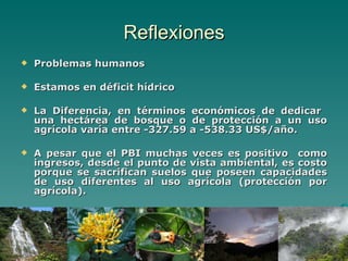 Reflexiones Problemas humanos Estamos en déficit hídrico La Diferencia, en términos económicos de dedicar  una hectárea de bosque o de protección a un uso agrícola varía entre -327.59 a -538.33 US$/año. A pesar que el PBI muchas veces es positivo  como ingresos, desde el punto de vista ambiental, es costo porque se sacrifican suelos que poseen capacidades de uso diferentes al uso agrícola (protección por agrícola).  