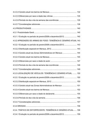 4.4.3.4 Cenário atual nos bairros de Manaus..................................................... 132
4.4.3.5 Diferenciais por sexo e idade das vítimas .............................................. 135
4.4.3.6 Período do dia e dia da semana das ocorrências .................................. 135
4.4.3.7 Considerações adicionais....................................................................... 136
4.5 PRODUTIVIDADE........................................................................................ 140
4.5.1 Produtividade Geral................................................................................... 140
4.5.1.1 Evolução no período de janeiro/2008 a dezembro/2012 ........................ 140
4.5.2 APREENSÃO DE ARMAS DE FOGO: TENDÊNCIA E CENÁRIO ATUAL 143
4.5.2.1 Evolução no período de janeiro/2008 a dezembro/2012 ........................ 143
4.5.2.2 Distribuição espacial em Manaus, 2012................................................. 143
4.5.2.3 Cenário atual nas Zonas Administrativas em Manaus ........................... 144
4.5.2.4 Cenário atual nos bairros de Manaus..................................................... 145
4.5.2.5 Diferenciais por sexo e idade do autor ................................................... 147
4.5.2.6 Período do dia e dia da semana das ocorrências .................................. 148
4.5.2.7 Considerações adicionais....................................................................... 149
4.5.3 LOCALIZAÇÃO DE VEÍCULOS: TENDÊNCIA E CENÁRIO ATUAL ........ 150
4.5.3.1 Evolução no período de janeiro/2008 a dezembro/2012 ........................ 150
4.5.3.2 Distribuição espacial em Manaus, 2012................................................. 150
4.5.3.3 Cenário atual nas Zonas Administrativas de Manaus ............................ 151
4.5.3.4 Cenário atual nos bairros de Manaus..................................................... 152
4.5.3.5 Diferenciais por sexo e idade do declarante........................................... 155
4.5.3.6 Período do dia e dia da semana............................................................. 156
4.5.3.7 Considerações adicionais....................................................................... 157
4.5.4 DROGAS................................................................................................... 158
4.5.4. TRÁFICO DE ENTORPECENTE: TENDÊNCIA E CENÁRIO ATUAL...... 158
4.5.4.1 Evolução no período de janeiro/2008 a dezembro/2012 ........................ 159
 