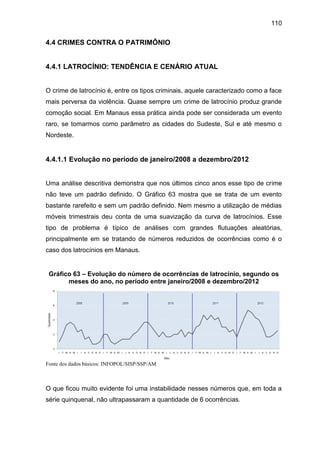 110
4.4 CRIMES CONTRA O PATRIMÔNIO
4.4.1 LATROCÍNIO: TENDÊNCIA E CENÁRIO ATUAL
O crime de latrocínio é, entre os tipos criminais, aquele caracterizado como a face
mais perversa da violência. Quase sempre um crime de latrocínio produz grande
comoção social. Em Manaus essa prática ainda pode ser considerada um evento
raro, se tomarmos como parâmetro as cidades do Sudeste, Sul e até mesmo o
Nordeste.
4.4.1.1 Evolução no período de janeiro/2008 a dezembro/2012
Uma análise descritiva demonstra que nos últimos cinco anos esse tipo de crime
não teve um padrão definido. O Gráfico 63 mostra que se trata de um evento
bastante rarefeito e sem um padrão definido. Nem mesmo a utilização de médias
móveis trimestrais deu conta de uma suavização da curva de latrocínios. Esse
tipo de problema é típico de análises com grandes flutuações aleatórias,
principalmente em se tratando de números reduzidos de ocorrências como é o
caso dos latrocínios em Manaus.
Gráfico 63 – Evolução do número de ocorrências de latrocínio, segundo os
meses do ano, no período entre janeiro/2008 e dezembro/2012
Fonte dos dados básicos: INFOPOL/SISP/SSP/AM
O que ficou muito evidente foi uma instabilidade nesses números que, em toda a
série quinquenal, não ultrapassaram a quantidade de 6 ocorrências.
 