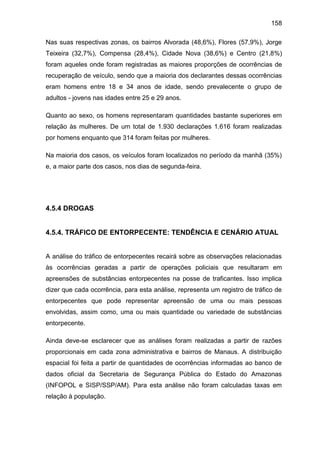 158
Nas suas respectivas zonas, os bairros Alvorada (48,6%), Flores (57,9%), Jorge
Teixeira (32,7%), Compensa (28,4%), Cidade Nova (38,6%) e Centro (21,8%)
foram aqueles onde foram registradas as maiores proporções de ocorrências de
recuperação de veículo, sendo que a maioria dos declarantes dessas ocorrências
eram homens entre 18 e 34 anos de idade, sendo prevalecente o grupo de
adultos - jovens nas idades entre 25 e 29 anos.
Quanto ao sexo, os homens representaram quantidades bastante superiores em
relação às mulheres. De um total de 1.930 declarações 1.616 foram realizadas
por homens enquanto que 314 foram feitas por mulheres.
Na maioria dos casos, os veículos foram localizados no período da manhã (35%)
e, a maior parte dos casos, nos dias de segunda-feira.
4.5.4 DROGAS
4.5.4. TRÁFICO DE ENTORPECENTE: TENDÊNCIA E CENÁRIO ATUAL
A análise do tráfico de entorpecentes recairá sobre as observações relacionadas
às ocorrências geradas a partir de operações policiais que resultaram em
apreensões de substâncias entorpecentes na posse de traficantes. Isso implica
dizer que cada ocorrência, para esta análise, representa um registro de tráfico de
entorpecentes que pode representar apreensão de uma ou mais pessoas
envolvidas, assim como, uma ou mais quantidade ou variedade de substâncias
entorpecente.
Ainda deve-se esclarecer que as análises foram realizadas a partir de razões
proporcionais em cada zona administrativa e bairros de Manaus. A distribuição
espacial foi feita a partir de quantidades de ocorrências informadas ao banco de
dados oficial da Secretaria de Segurança Pública do Estado do Amazonas
(INFOPOL e SISP/SSP/AM). Para esta análise não foram calculadas taxas em
relação à população.
 
